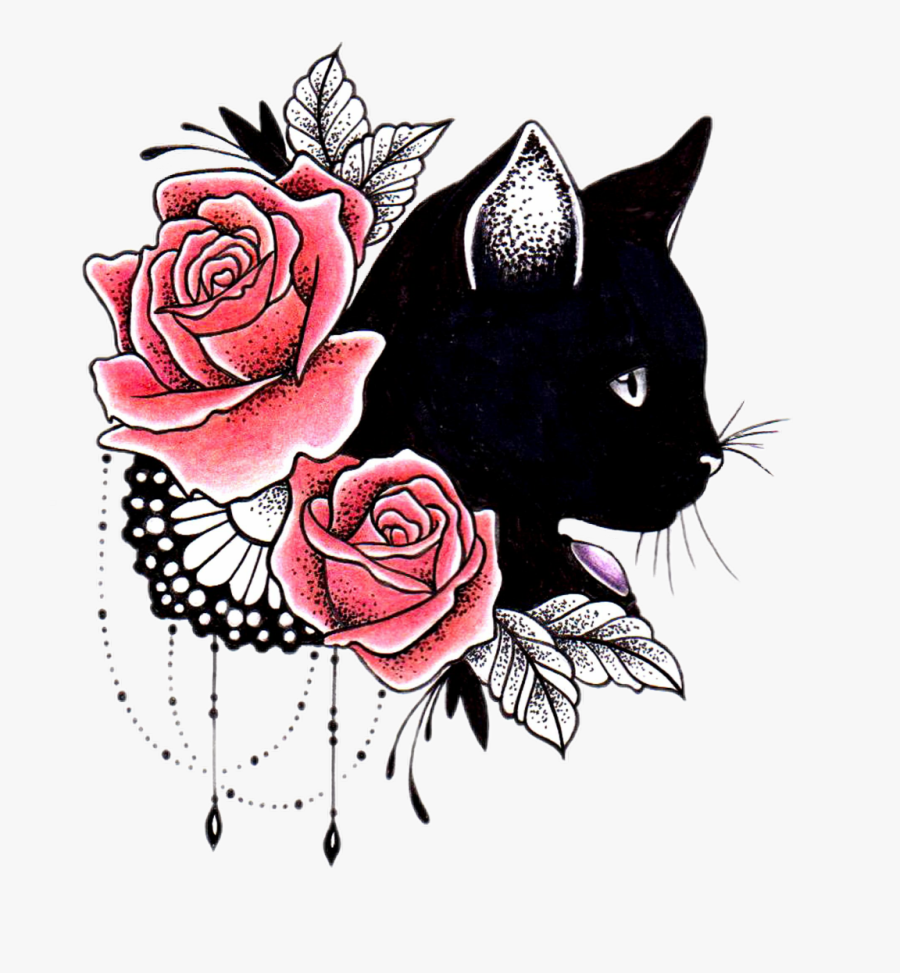 #cat #rose #tattoo #competition - Cat And Flowers Tattoo, Transparent Clipart