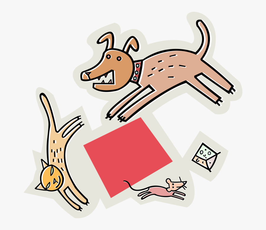 Vector Illustration Of Dog Chasing Cat, Chasing Mouse, - Dog Cat Chasing Mouse, Transparent Clipart