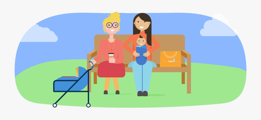 Two Moms With Their Infants Talking In A Park - Cartoon, Transparent Clipart