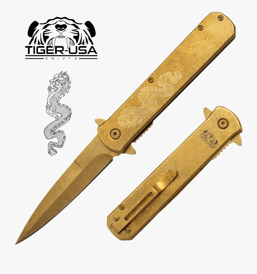 Tiger Usa®metallic Dragon Folding Knife W/clip - Gold Plated Otf Knife, Transparent Clipart