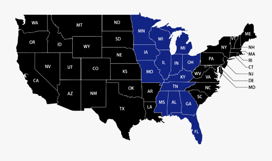 Service Area Map Midwest In Blue - John F. Kennedy Library, Transparent Clipart