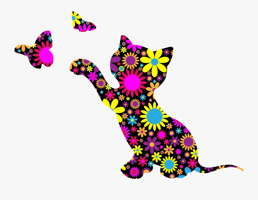 Cat Clipart Floral 1 Clip Art Rainbow - Silhouette Kitty Cat Clipart, Transparent Clipart