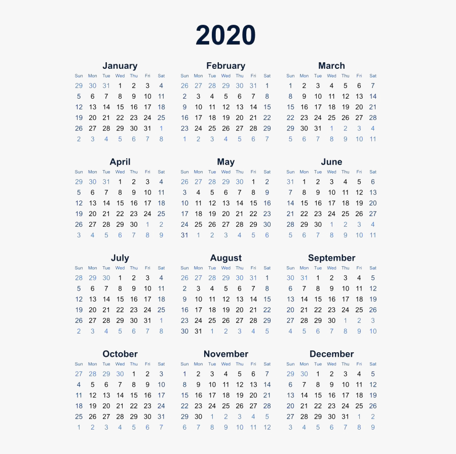 All Month 2020 Calendar Png Clipart Background - 12 Month 2019 Printable Calendar, Transparent Clipart