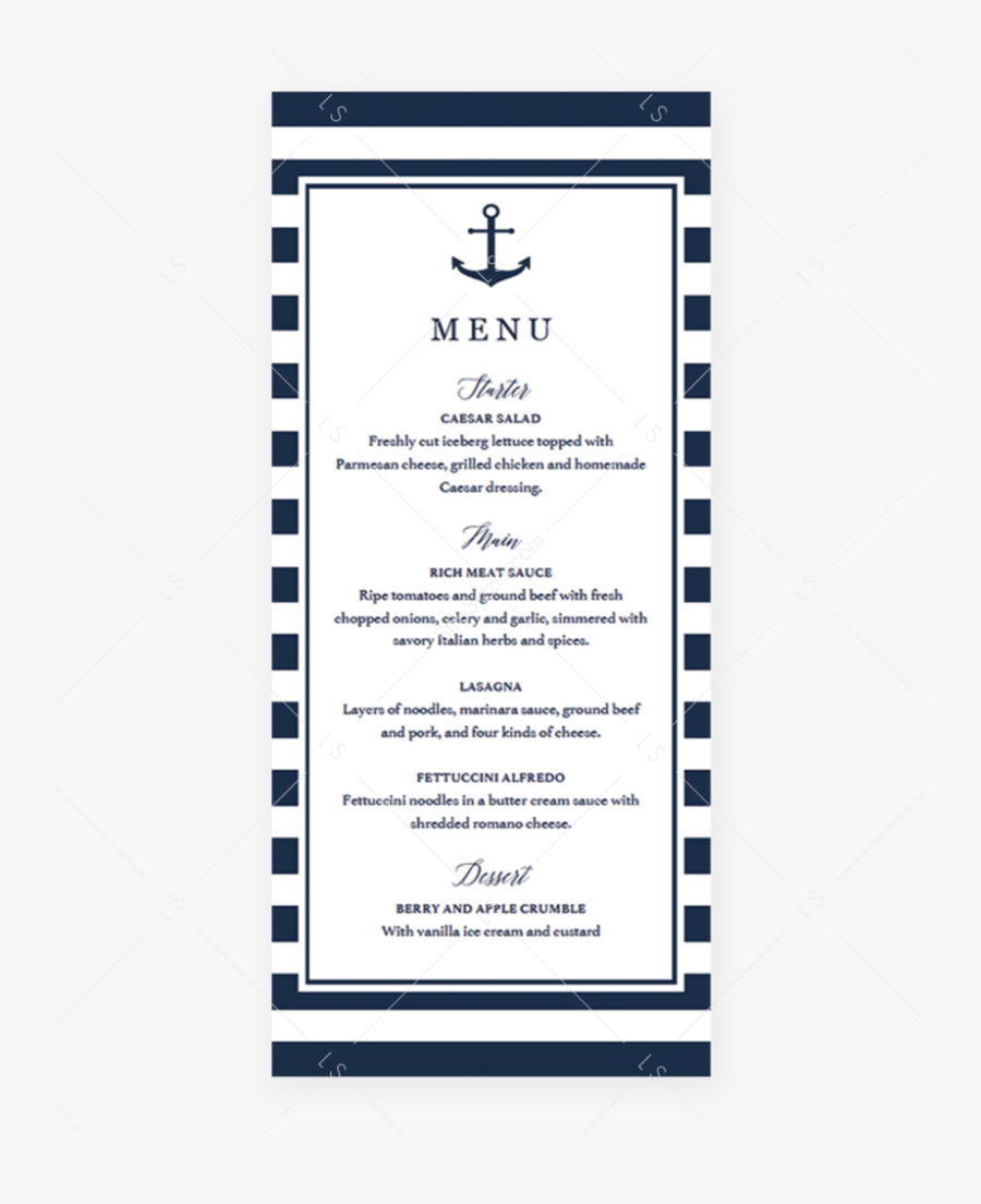 Editable Menu Cards Template Nautical Theme By Littlesizzle - Baby Shower Menu Card, Transparent Clipart