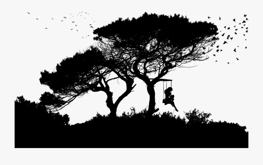 #ftestickers #birds #trees #swing #girl #silhouette - Landscape Silhouette Png, Transparent Clipart
