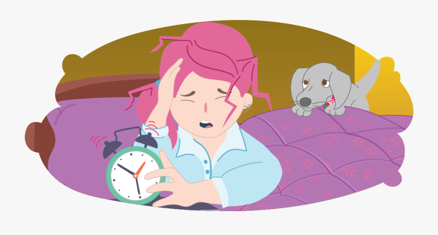 Teen Girl In Bed, Rubbing Head While Holding Her Alarm - Cartoon, Transparent Clipart