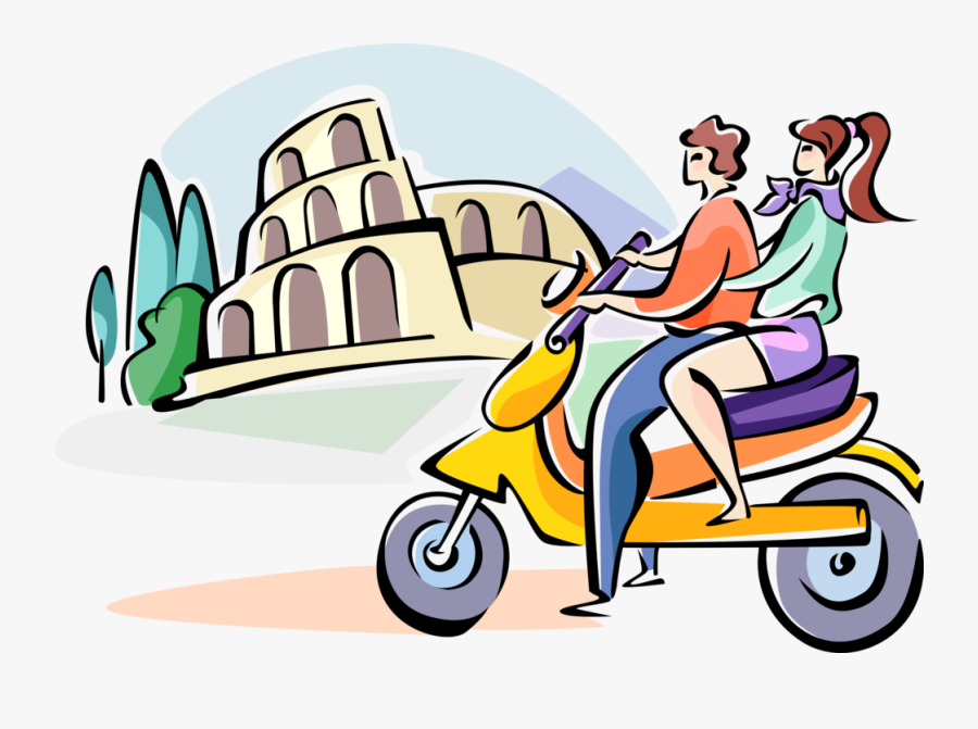 Vector Illustration Of Couple Driving By Roman Coliseum - Italian Couple Clipart, Transparent Clipart