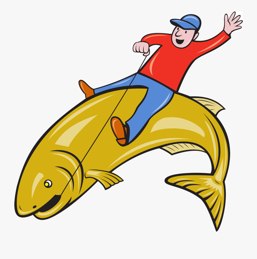 Clip Art Fly Fishing Cartoon - Man Riding A Fish, Transparent Clipart