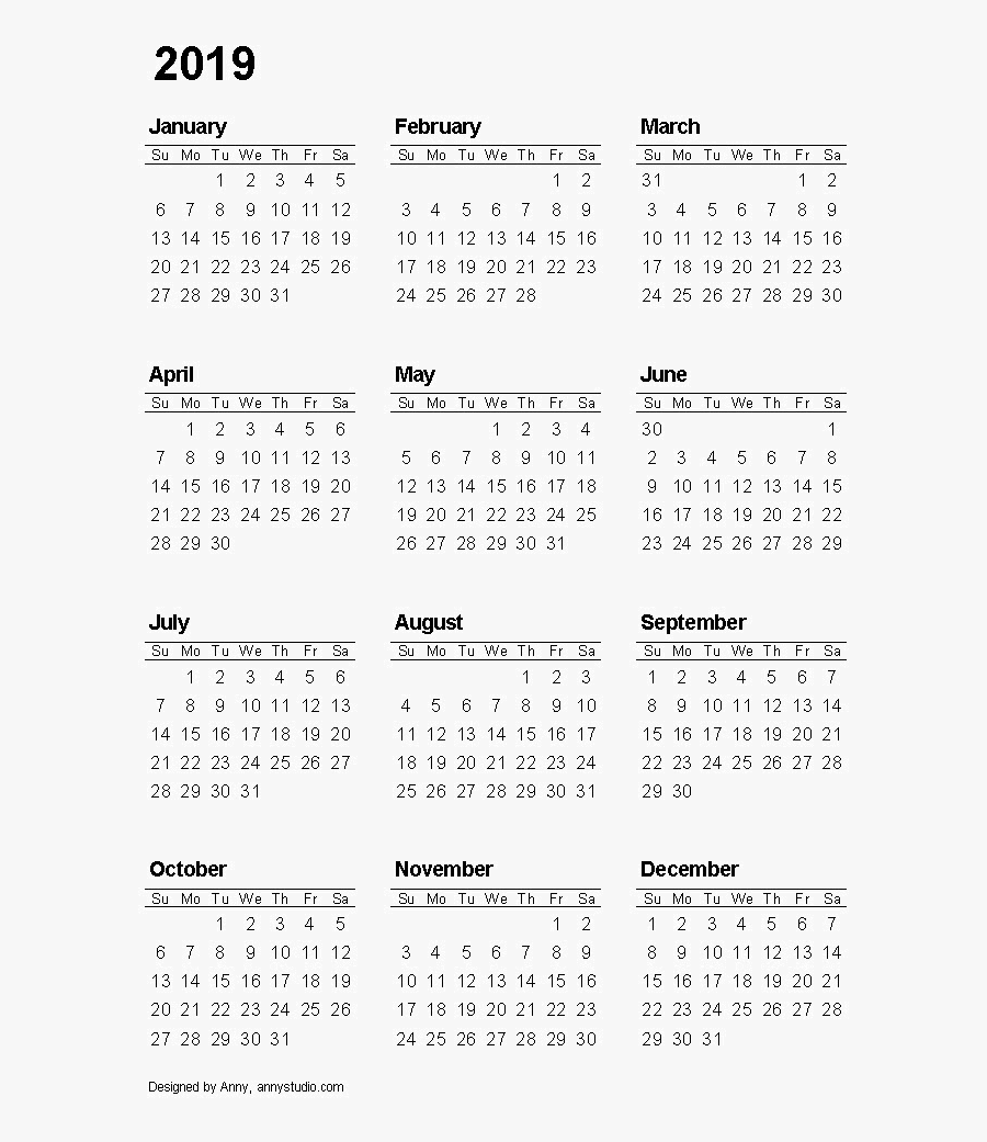 Calendar 2019 Png Image Vector, Clipart, Psd - One Page 2019 Printable Calendar Free, Transparent Clipart