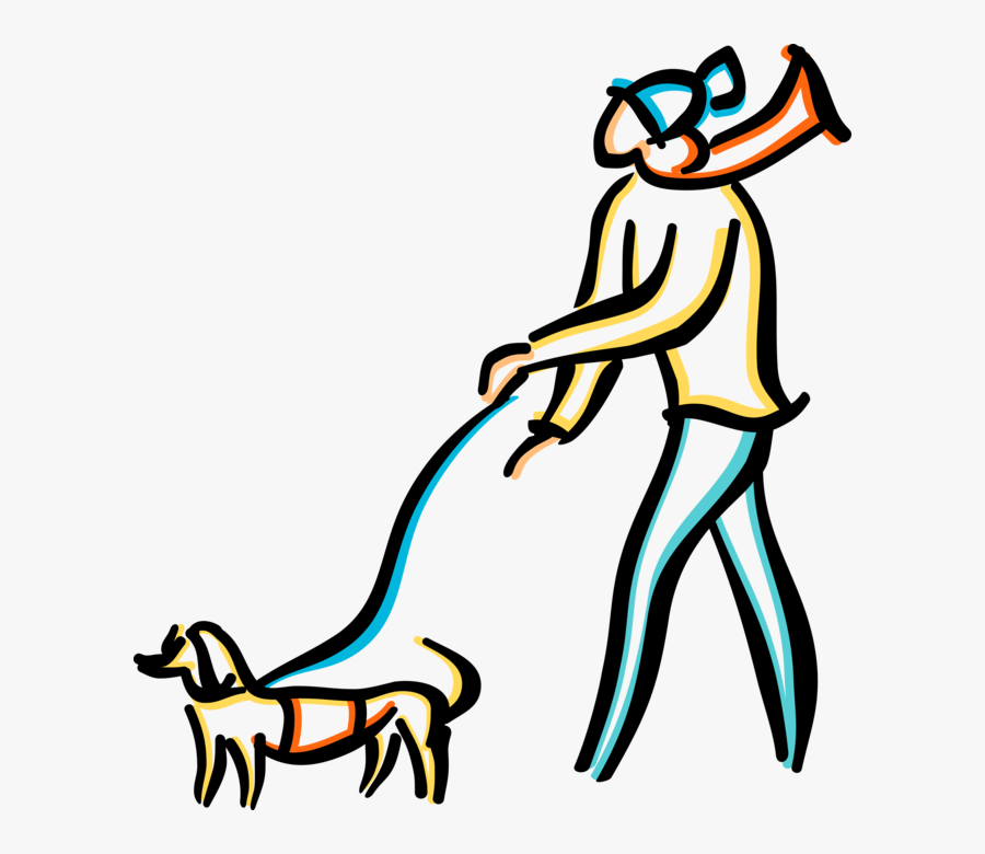 Vector Illustration Of Dog Owner Walks Family Pet Dog - Dog Walking Line Drawing Transparent, Transparent Clipart