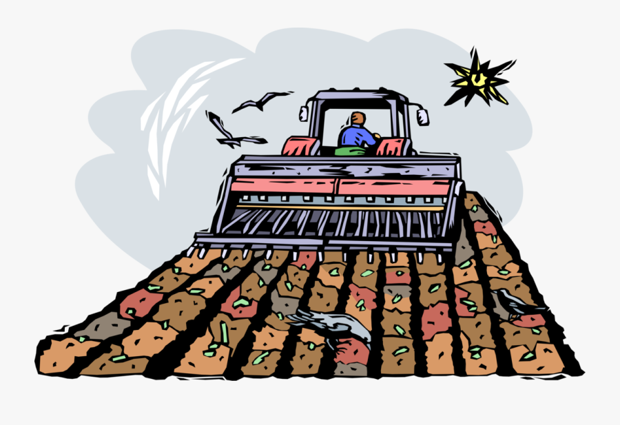 Vector Illustration Of Farmer Ploughing Or Plowing - Cartoon, Transparent Clipart