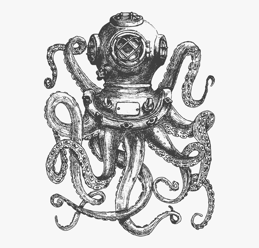 Collection Of Drawing - Octopus With Diving Helmet, Transparent Clipart