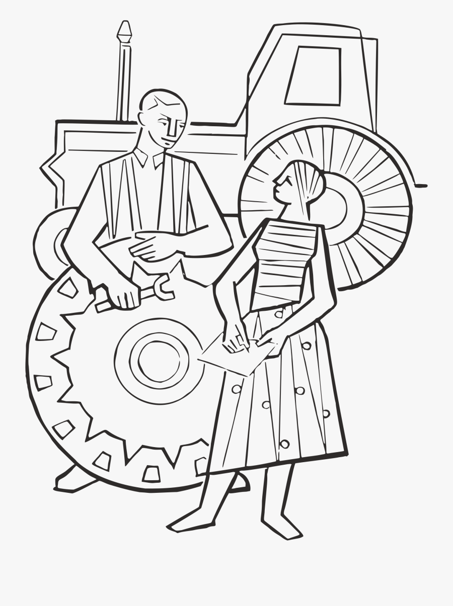 Tractor Repairman And Woman Line Art Clip Arts - Cartoon, Transparent Clipart