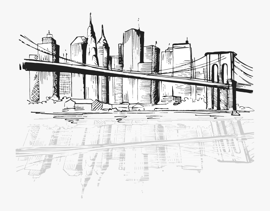Locks Security Systems New York City Digital Art Drawing - New York Skyline Black And White Drawing Bridge, Transparent Clipart