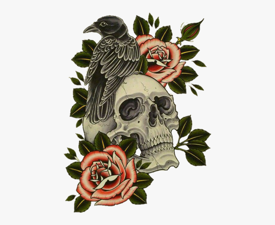#skull #flower #crow #raven #rose #halloween - Raven Skull Rose Tattoo, Transparent Clipart