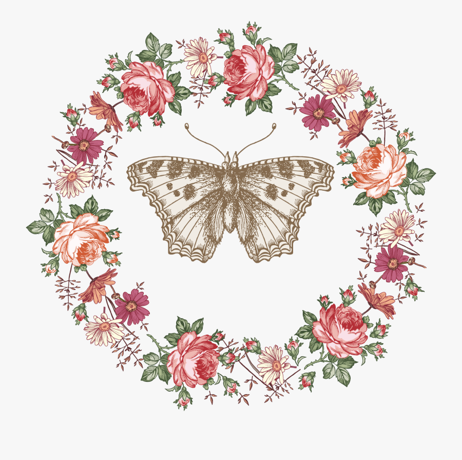 Butterfly Clipart Wreath - Vintage Butterflies And Roses, Transparent Clipart