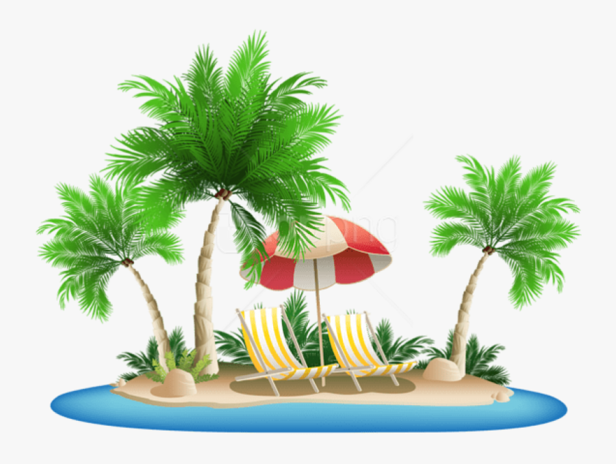 Free Png Download Beach Umbrella With Chairs And Palm - Palm Trees And Beach Png, Transparent Clipart