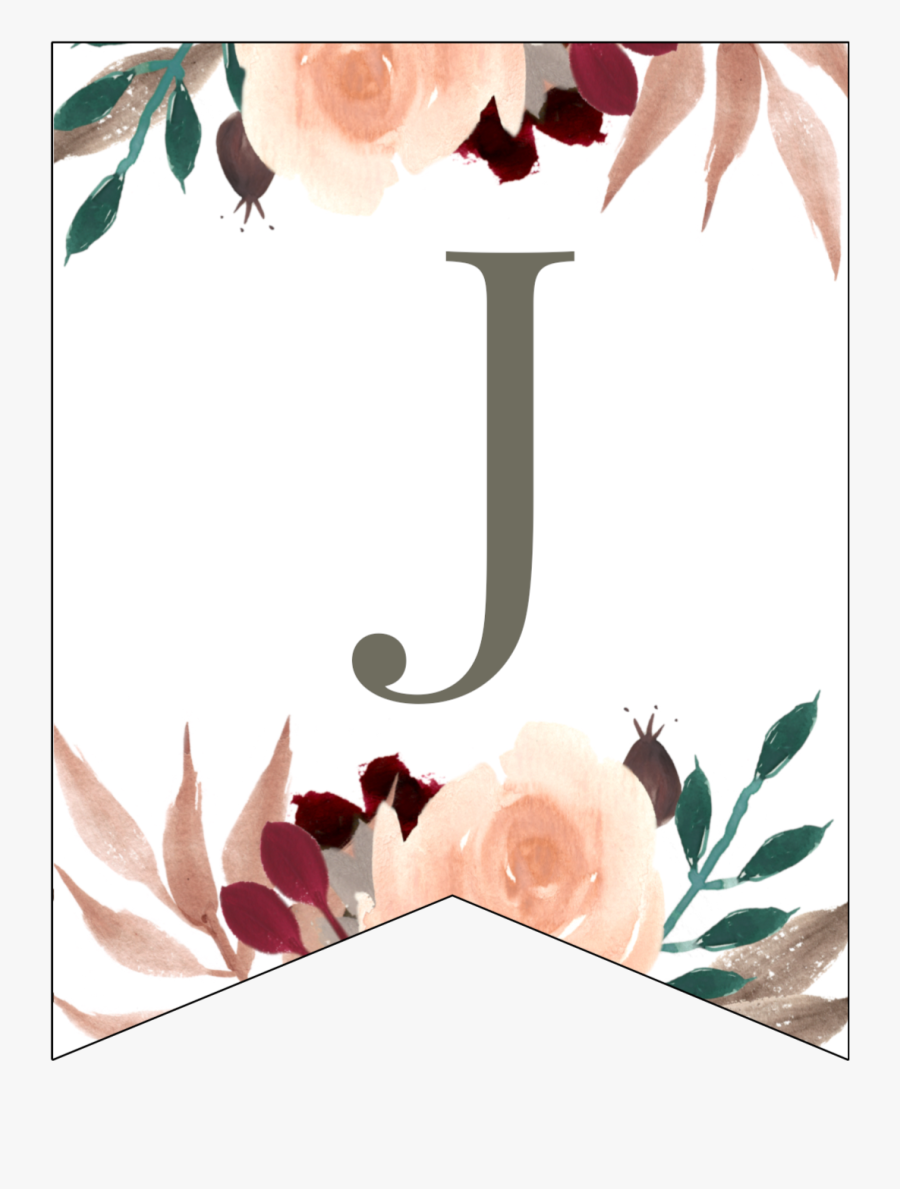 Letter J Penant Flag With Pink, Green, Brown, And Burgandy - Floral Banner, Transparent Clipart