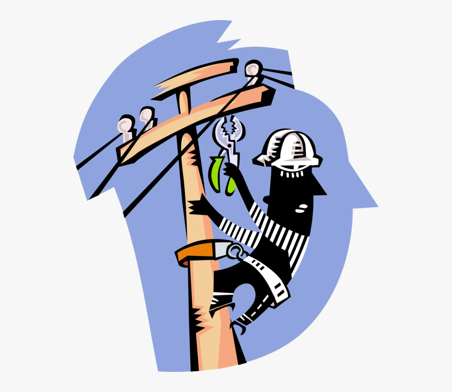 Vector Illustration Of Electrician Lineman Repairs - Electrical Power, Transparent Clipart