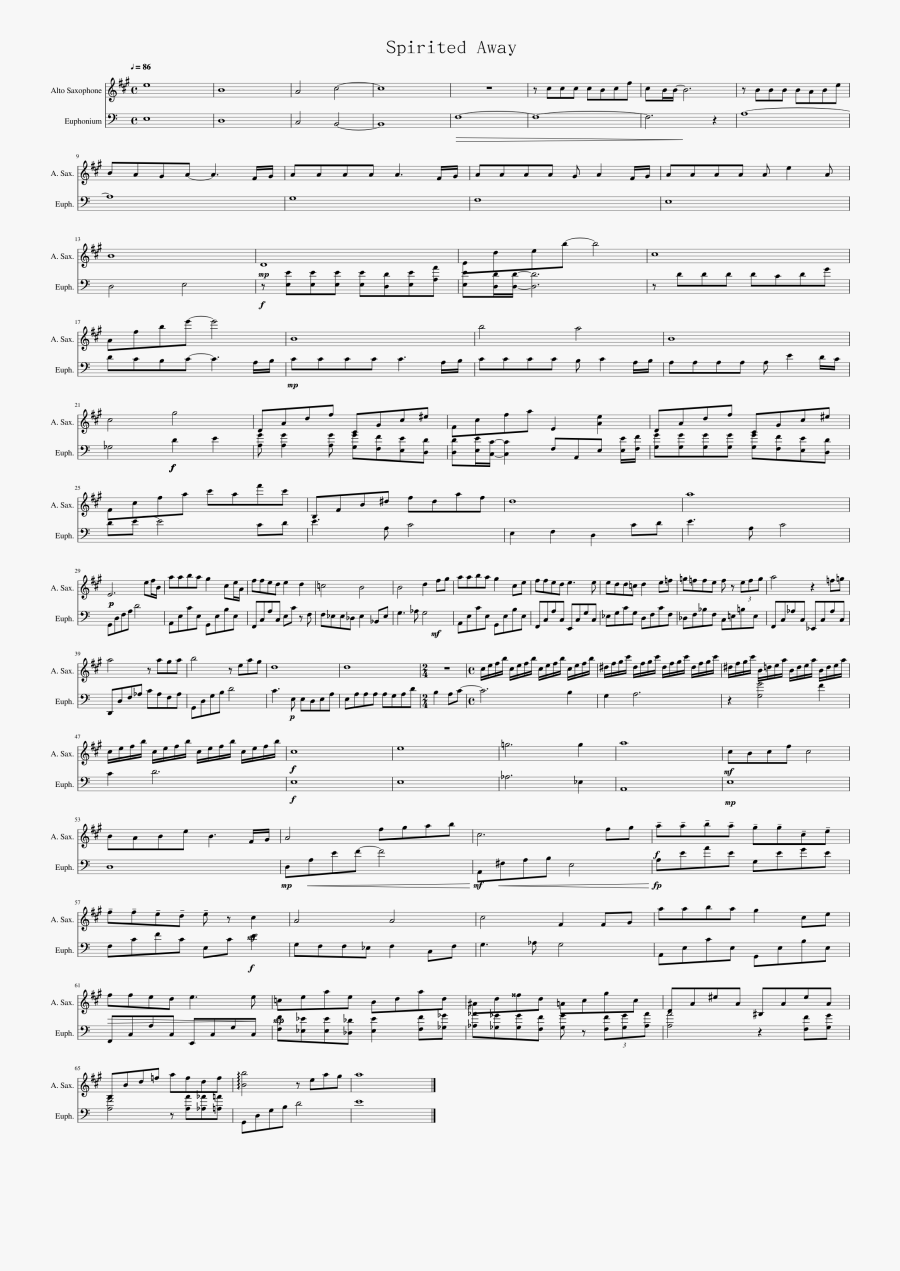 Spirited Away Sheet Music Composed By Joe Hisaishi - Spirited Away Alto Sax, Transparent Clipart