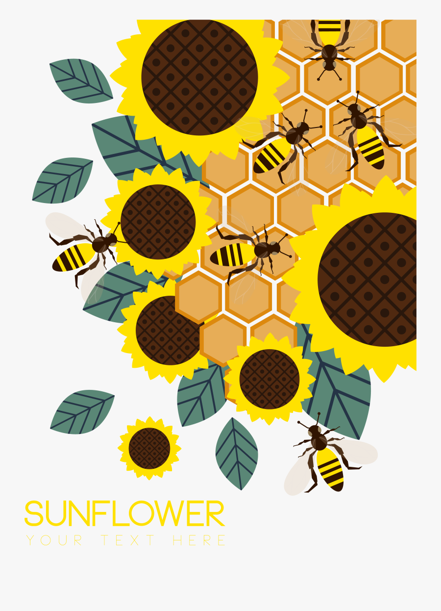 Honeycomb Vector Bee Design - Beehive And Sunflower Vector, Transparent Clipart