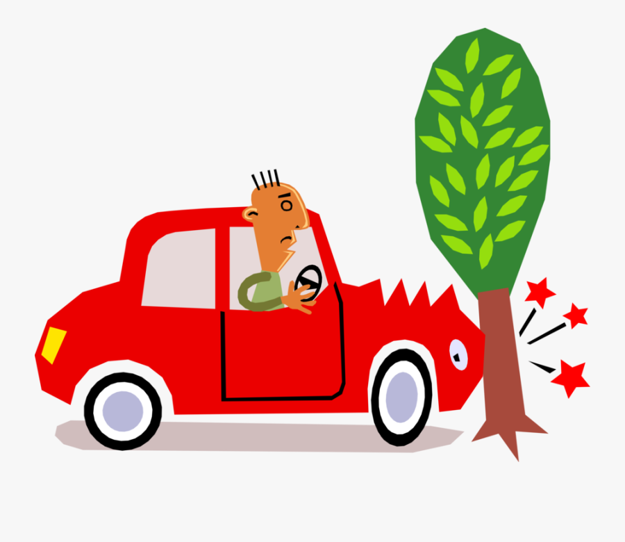 Vector Illustration Of Car Motorist Driver Has Accident - Car Crash Tree Cartoon, Transparent Clipart