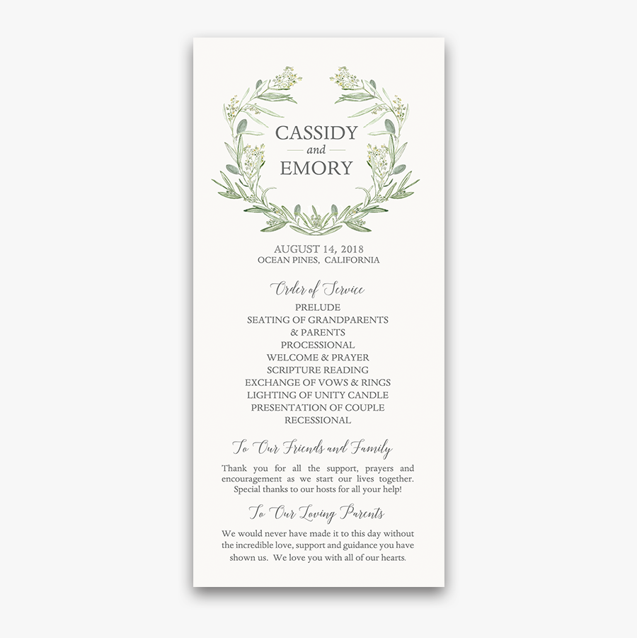 Greenery Wreath Wedding Program Order Of Service - Wedding Order Of Service Ideas, Transparent Clipart