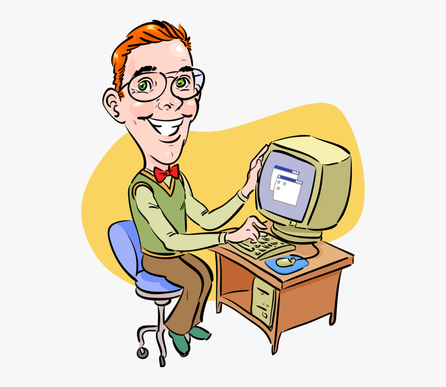 Computer Geek Nerd Vector Image Illustration Of - Doing Work On Computer, Transparent Clipart