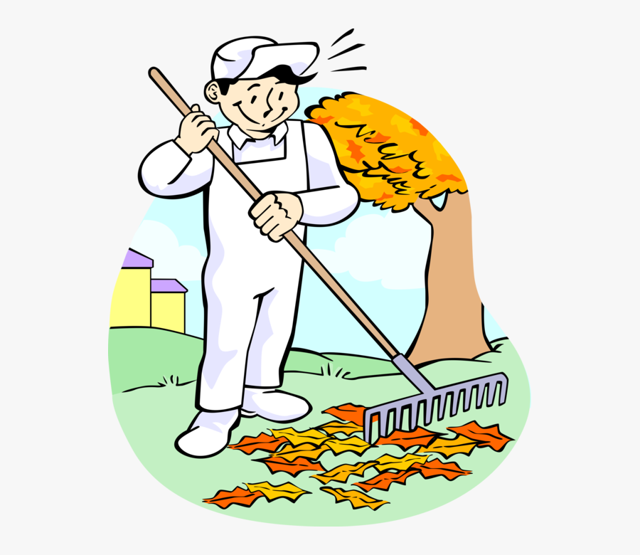 Vector Illustration Of Lawn Care Groundskeeper Raking - Raking Leaves ...