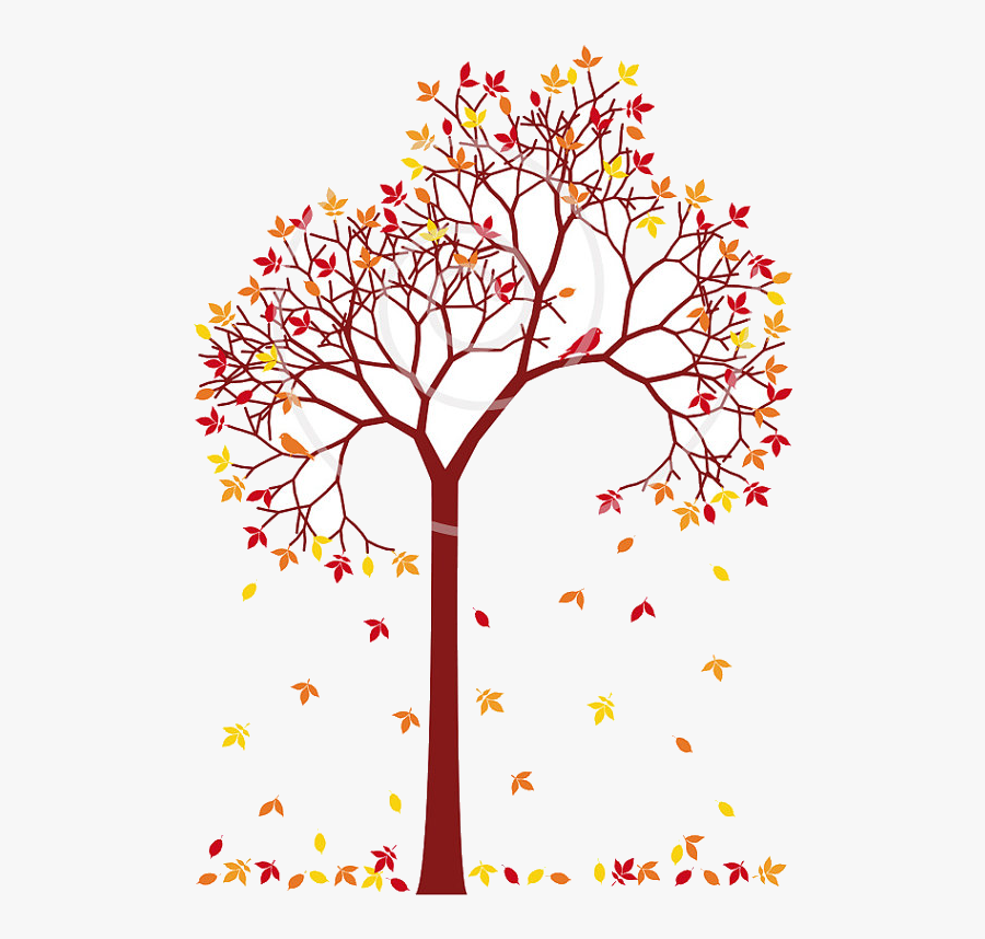 Fall Tree Colorful Leaves And Birds Dig Trees Clip - Tree With Falling Leaves Clip Art, Transparent Clipart