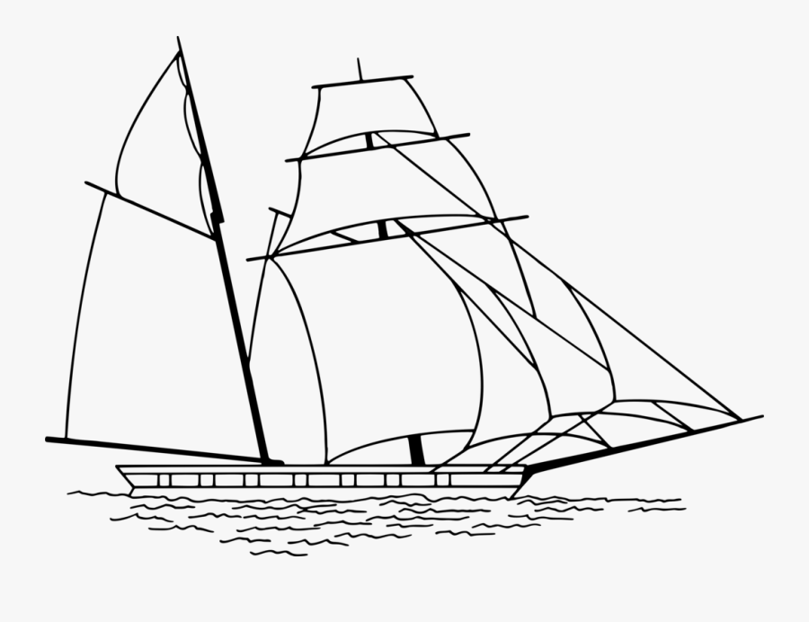 Old Sailing Ship Line Art - Jib Boat, Transparent Clipart