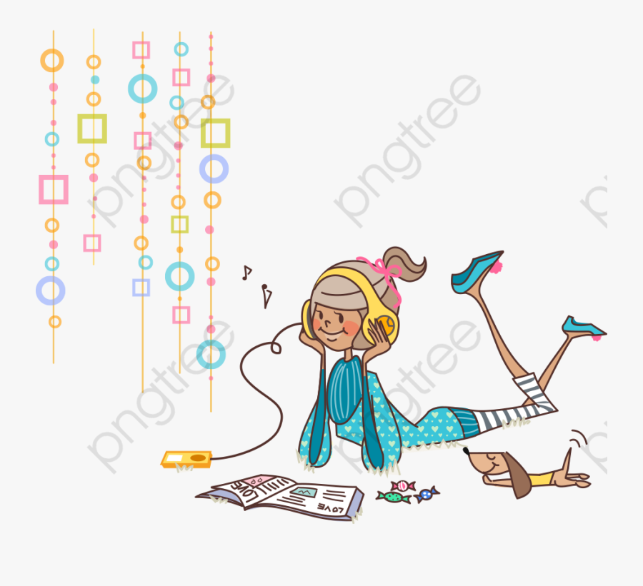 Cartoon Girl Listening To Music - بنت تستمع الي الاغاني, Transparent Clipart