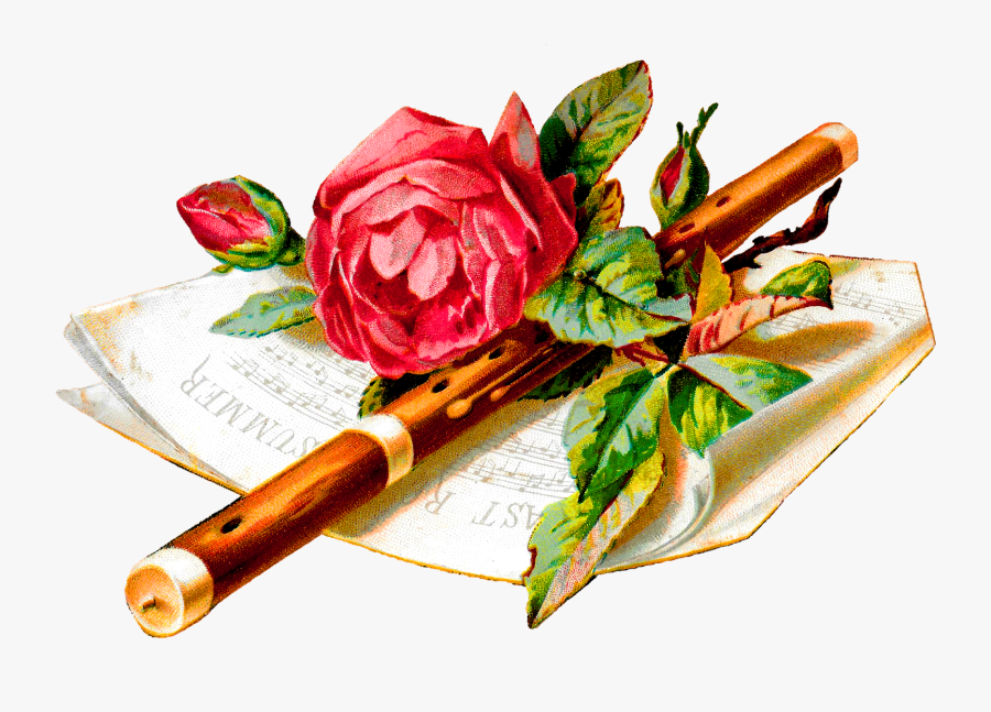 Flower Rose Music Flute Botanical Art Digital Image, Transparent Clipart