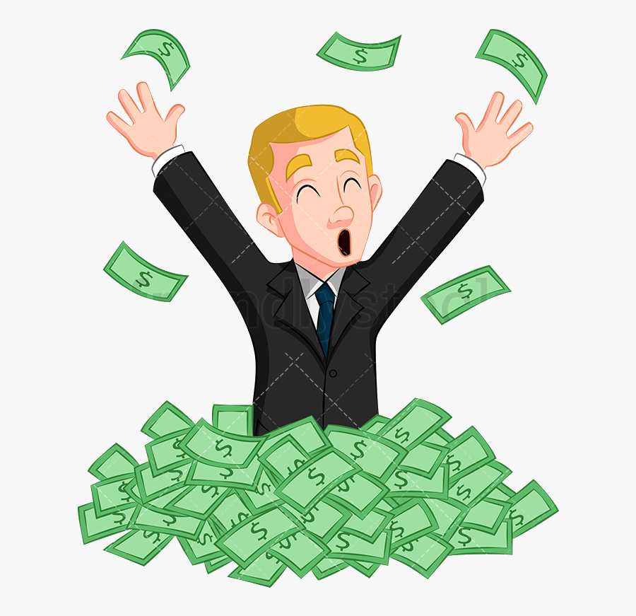 Cash A Victorious Businessman Standing In Mountain - Piles Of Money Cartoon, Transparent Clipart