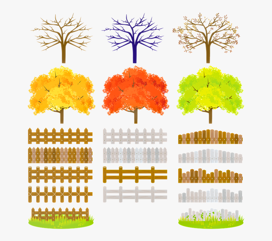 Landscaping, Trees, Fence, Grass, Bare Tree, Fall Trees - Tree, Transparent Clipart