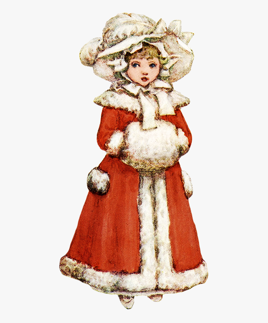 Old Drawing Of Girl In Winter Dress - Vintage Christmas Girl, Transparent Clipart