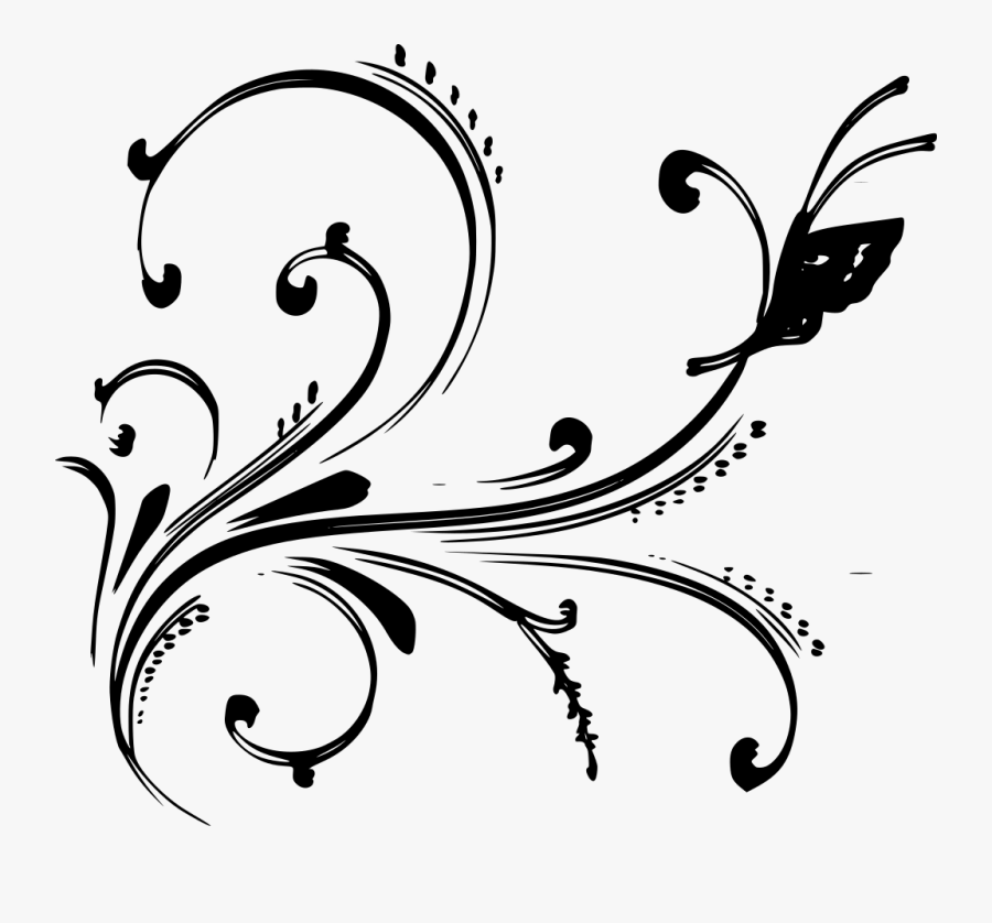 Black Floral Design With Butterfly Clip Art - White Floral Designs Png, Transparent Clipart