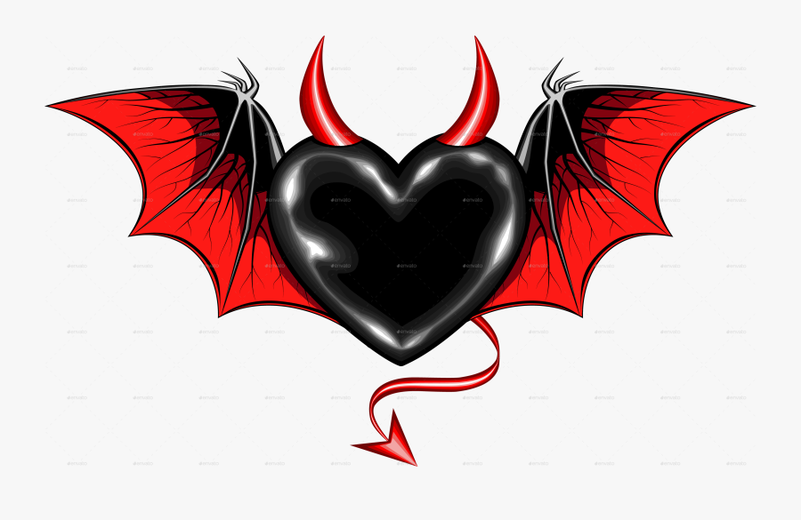 Black Heart With Vampire Wings And Horns By Ashmarka - Red And Black Heart, Transparent Clipart