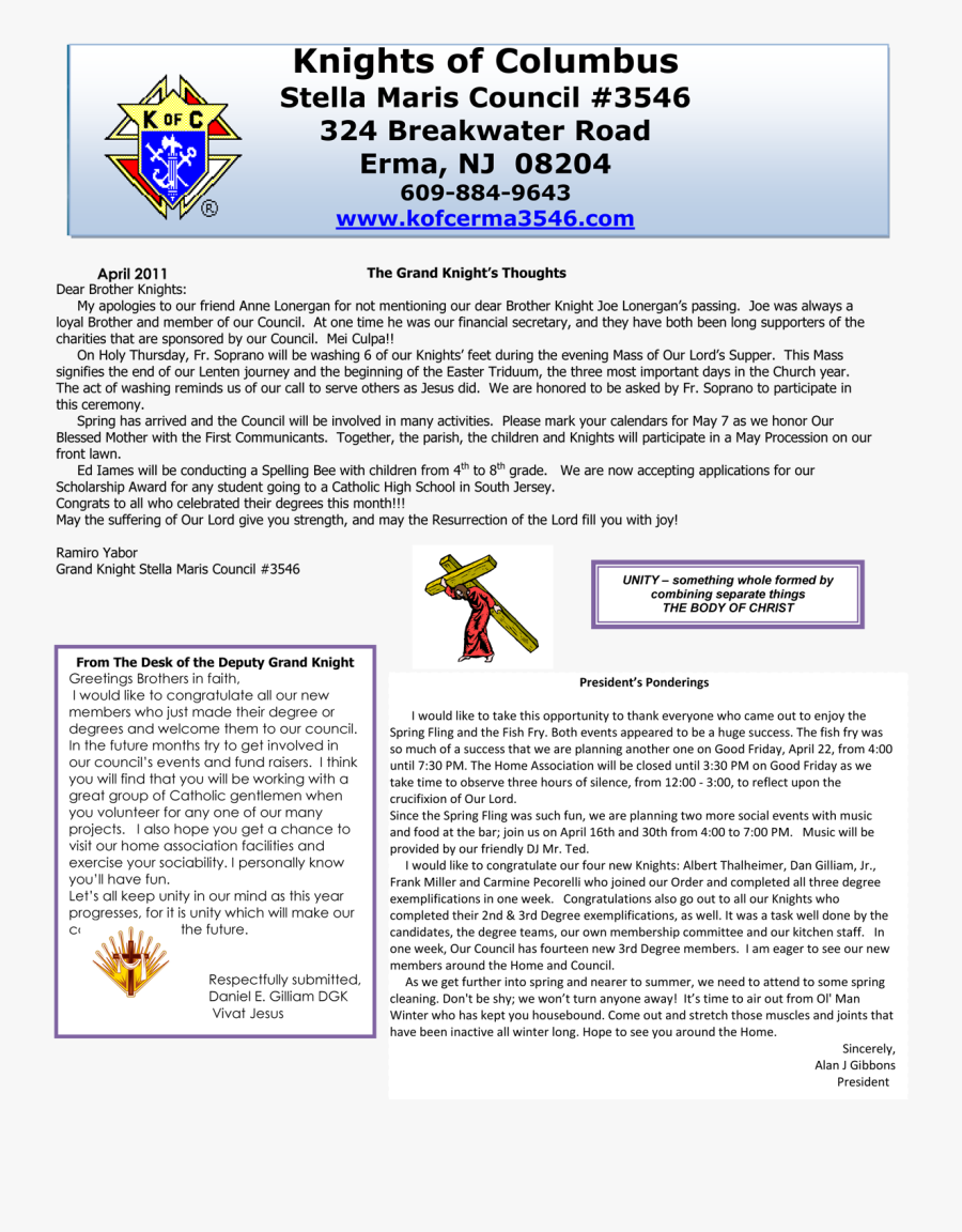 Knights Of Columbus Newsletter April - Knights Of Columbus, Transparent Clipart