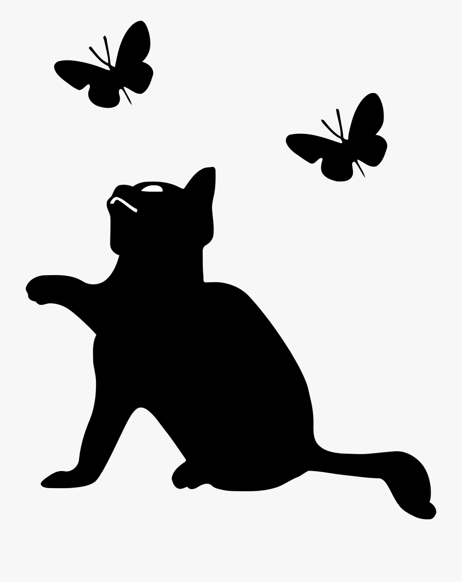 Silhouette Clipart Kitten - Cat And Butterfly Silhouette, Transparent Clipart
