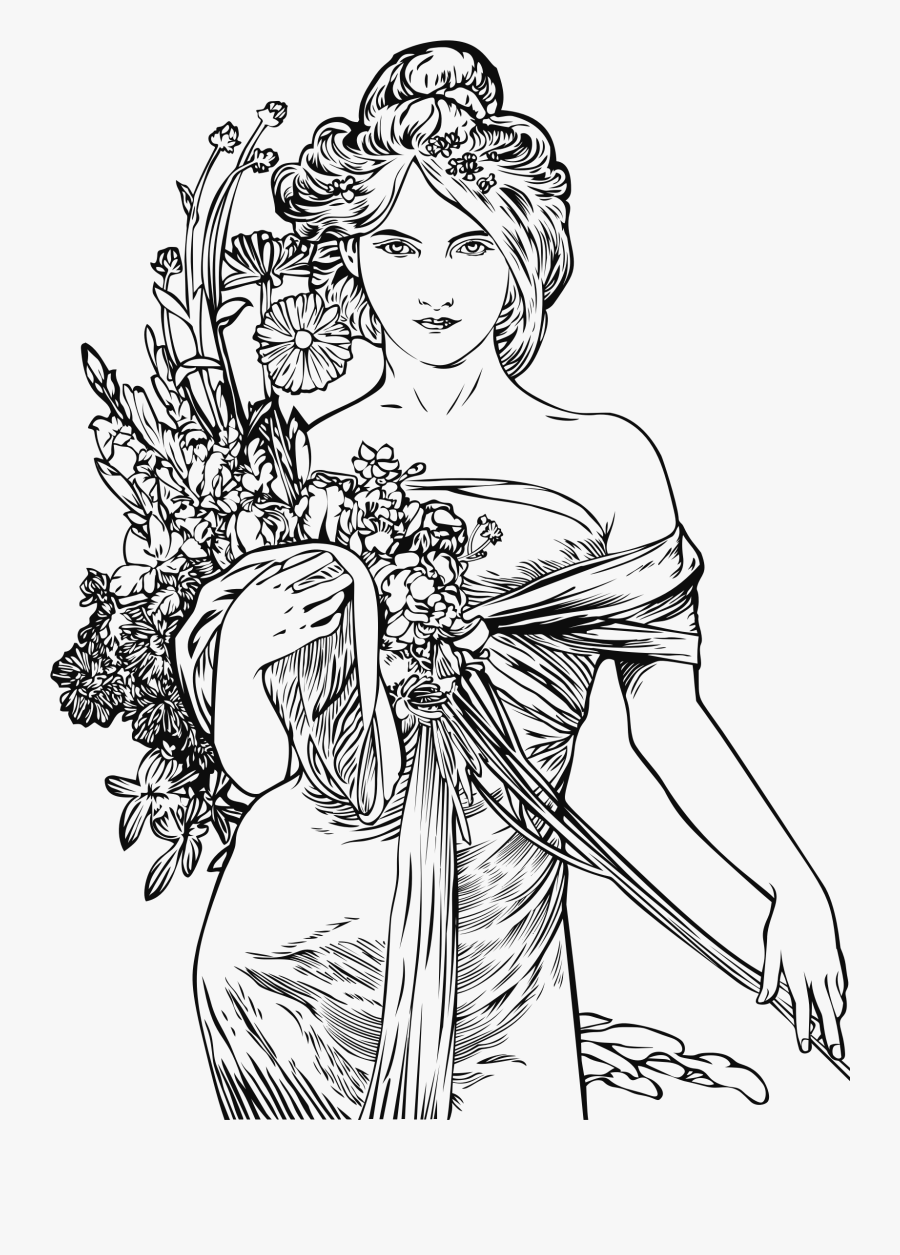 Elegant Vintage Woman Line Art By Heblo Clip Arts - Art Nouveau Woman Drawing, Transparent Clipart