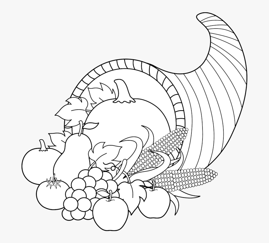 Harvest Cornucopia Line Art Free Clip Clipart - Cornucopia Clip Art Black And White, Transparent Clipart