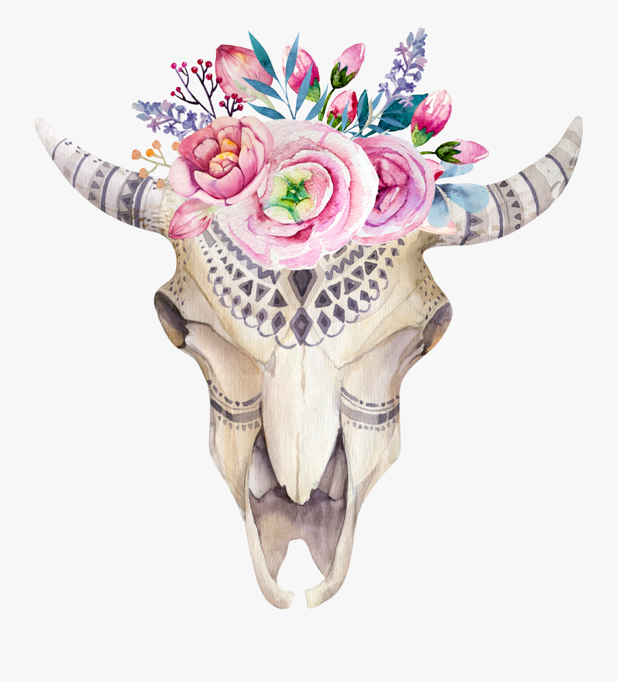 Watercolor Flower Skull Boho-chic Painted Pattern Illustration - Cow ...