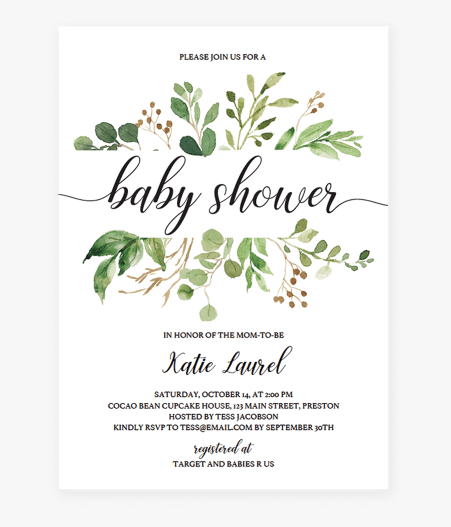 Clip Art Baby Shower Postcard - Greenery Invitation Template Free, Transparent Clipart