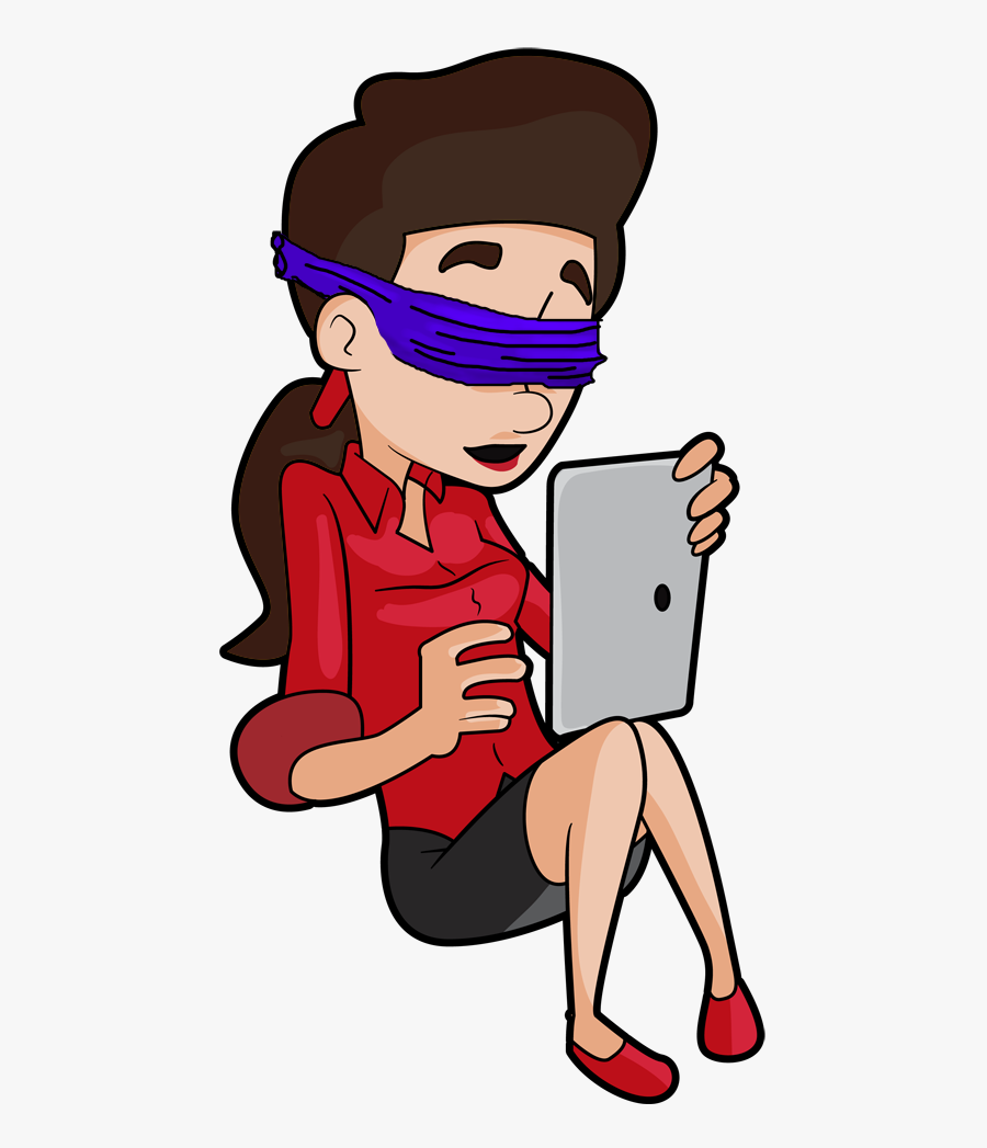 A Woman Wearing A Blindfold Is Trying To Use An Ipad - Cartoon, Transparent Clipart