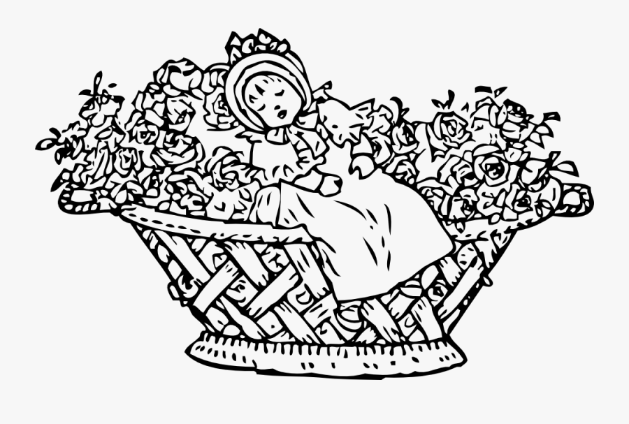 Baby In Rose Basket Black White Line Art Coloring Book - Guten Abend Gut Nacht Mit Rosen Bedacht, Transparent Clipart