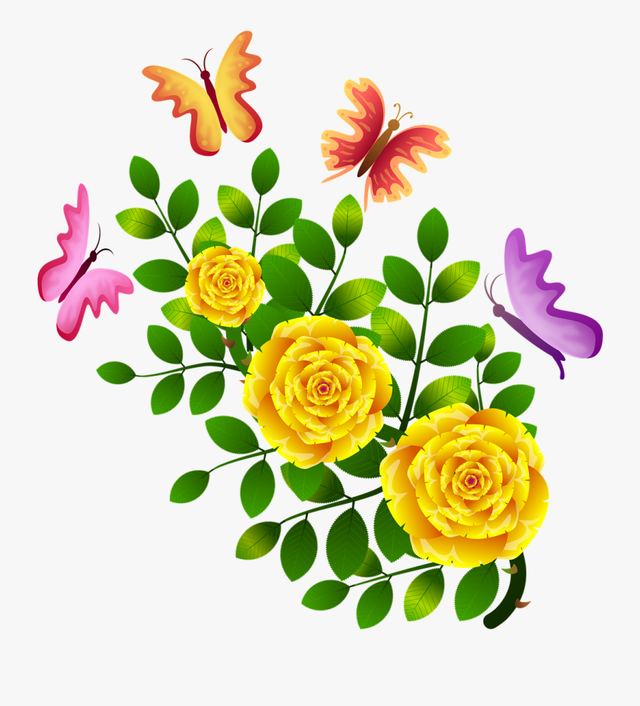 Roses Butterflies Flowers Floral Png Image Clipart - Clipart Flower Design With Butterfly, Transparent Clipart