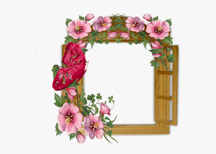 Wooden Winow With Flowers And Butterfly Transparent - Download Flowers Photo Frame, Transparent Clipart
