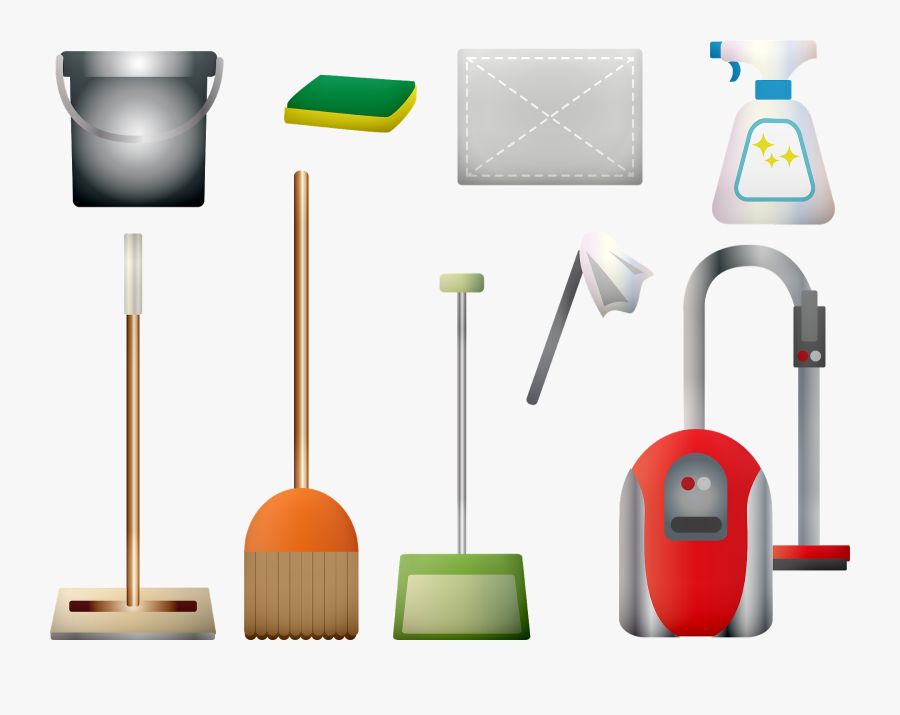 Cleaning Supplies, Vacuum, Broom, Duster, Sponge - Materiel De Nettoyage Maison, Transparent Clipart