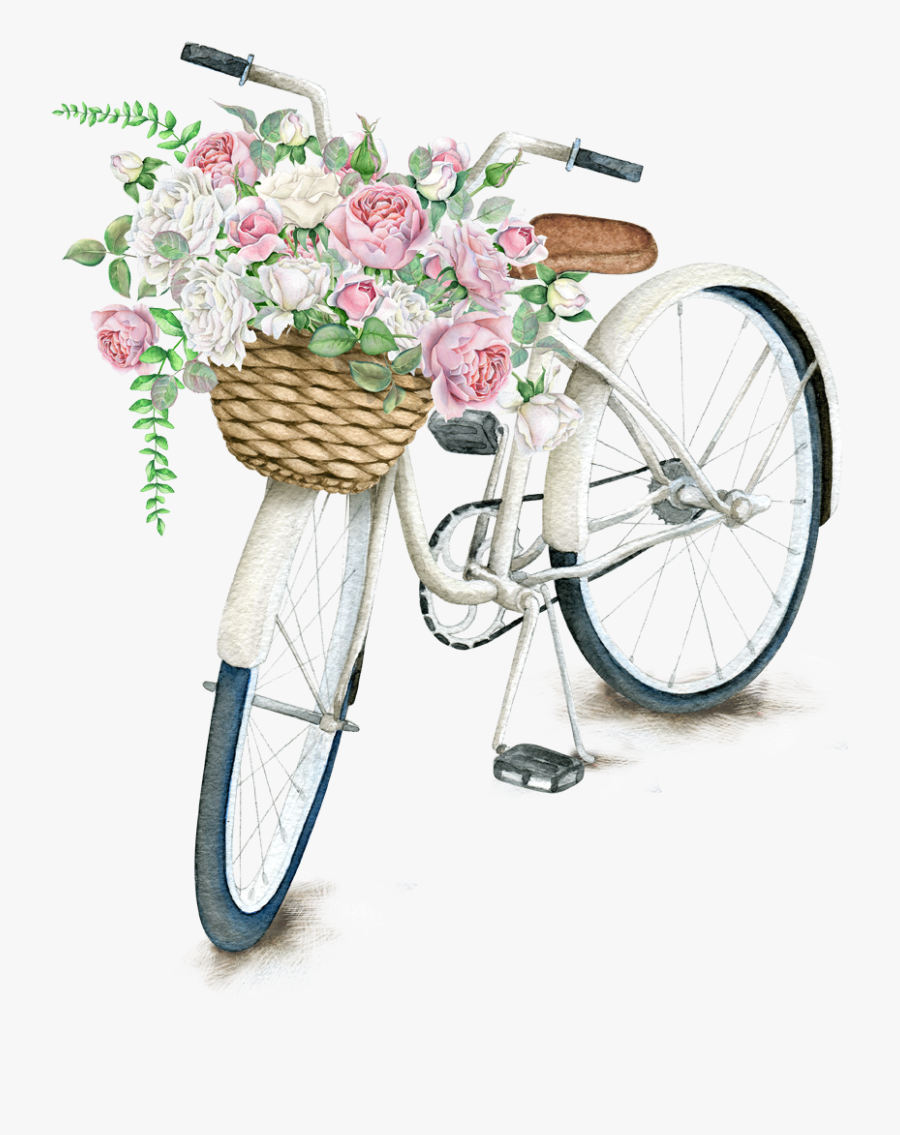 On Bicycle Light Napkin Daily Pillow T-shirt Clipart - Bike With Flowers Drawing, Transparent Clipart